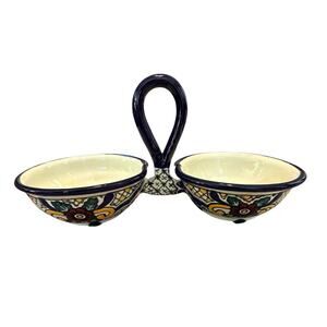 Mexican Puebla Talavera Hand-painted Double Sided Ceramic Salsa Condiment Bowl